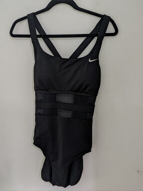 Nike One Piece Black Swimsuit with Mesh Panels Womens size L Logo Race Back